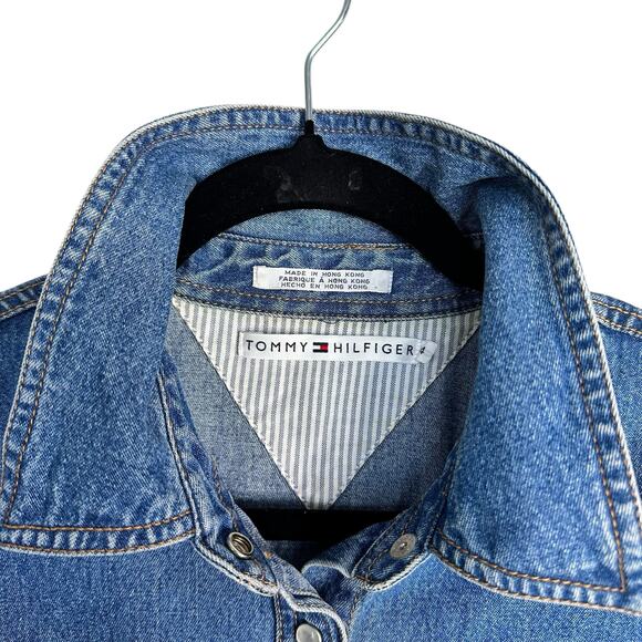 Vintage Tommy Hilfiger Y2K Denim Mini Dress Pearl Button Front Western Size 14 - Picture 6 of 15